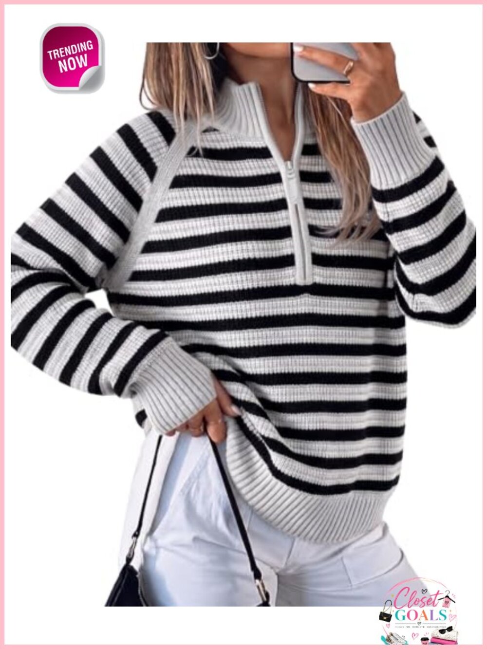 Half Zip Striped Ribbed Knit Pullover Sweater